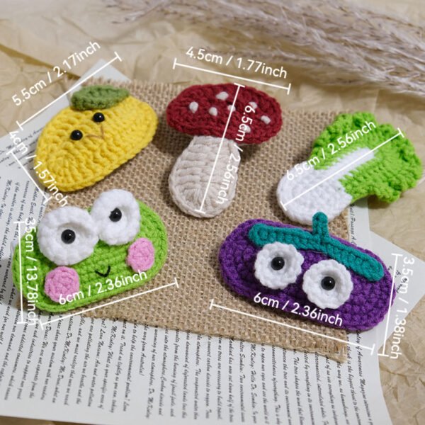 5pcs Cute Handmade Crochet Hair Clips - Frog, Mushroom, Lemon, Eggplant, Cabbage Shapes, Soft Fabric Hair Accessories for & Women, Whimsical Hairpins for Casual Attire, Cute Hair Accessories, Playful Hairpins, Handcrafted Hairpieces - Image 7