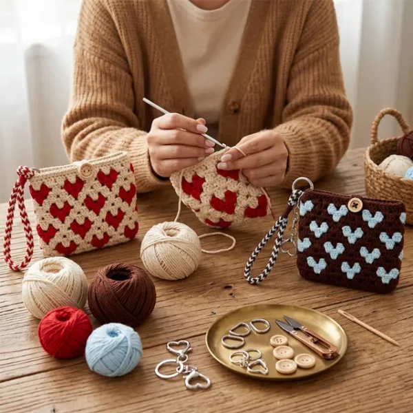 Handmade crochet heart bag