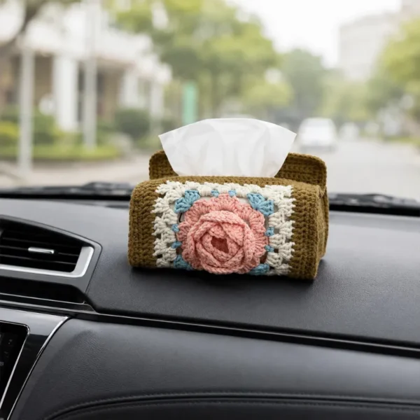 Handmade Crochet Rose Tissue Pouch