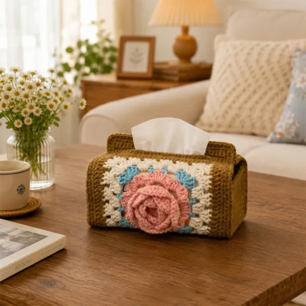 Handmade Crochet Rose Tissue Pouch