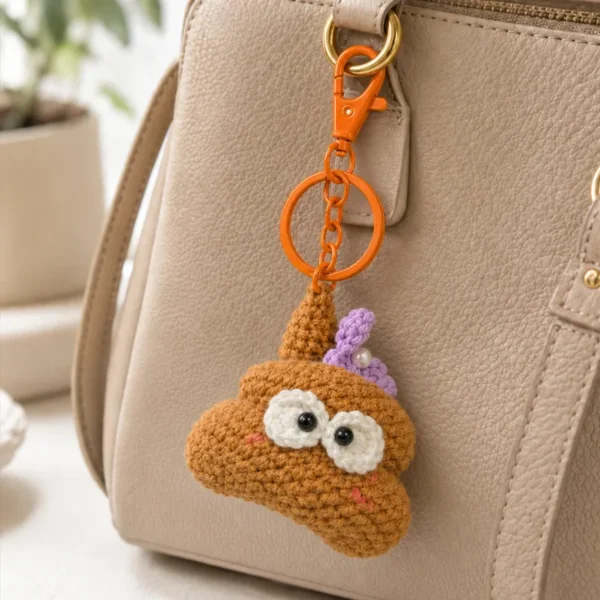 Handmade crochet poop-shaped keychain charm