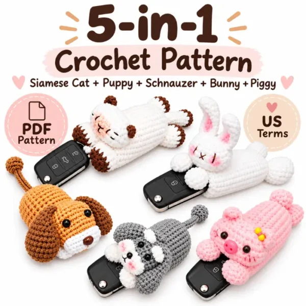 5 in 1 Key Cover Crochet Pattern, Cat Puppy Schnauzer Bunny Pig PDF