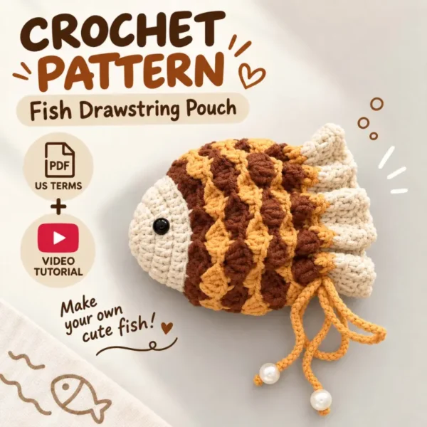 Fish Drawstring Pouch Crochet Pattern, Small Bag PDF with Video