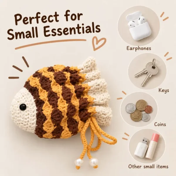 Fish Drawstring Pouch Crochet Pattern, Small Bag PDF with Video