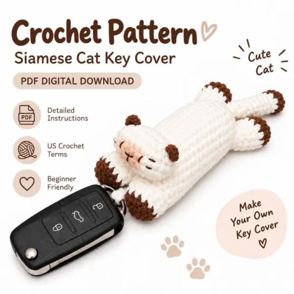 Siamese Cat Key Cover Crochet Pattern, Car and House Key Holder PDF